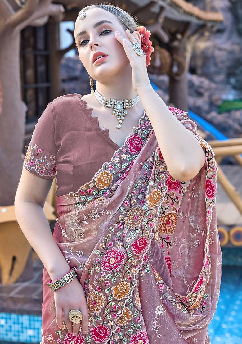 Purple Embroidered Silk Saree Set - Indya