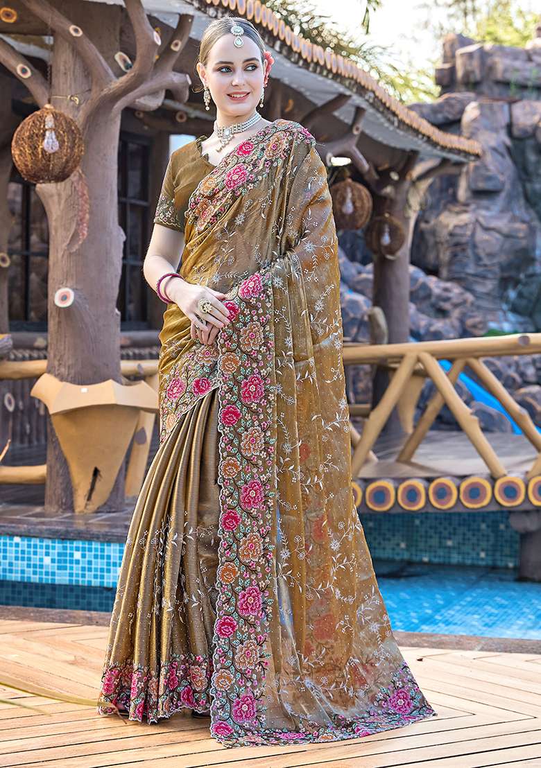 Dusty Gold Embroidered Silk Blend Saree Set for Diwali and Festive Wear - Indya
