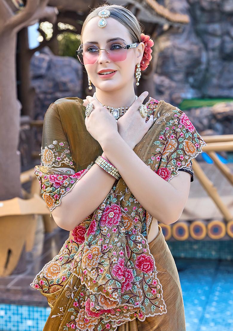 Dusty Gold Embroidered Silk Saree Set - Indya