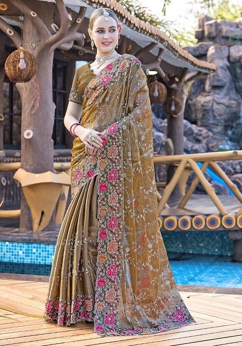 Dusty Gold Embroidered Silk Saree Set
