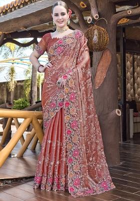 Dusty Peach Embroidered Silk Saree Set