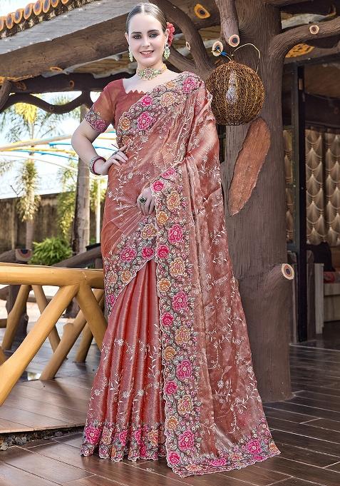 Dusty Peach Embroidered Silk Saree Set
