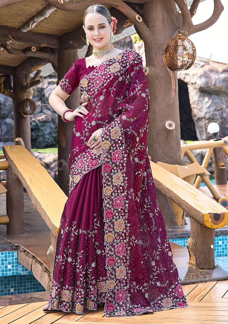 Wine Embroidered Silk Blend Saree Set for Diwali and Festive Wear - Indya