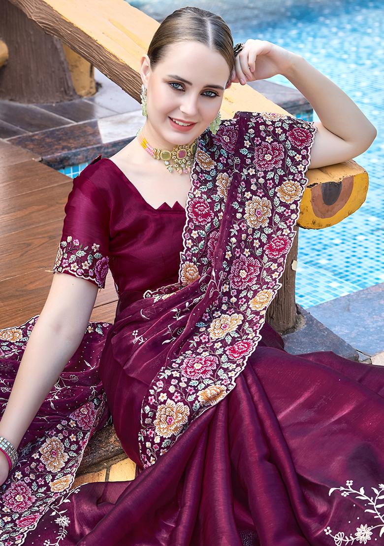 Wine Embroidered Silk Saree Set - Indya