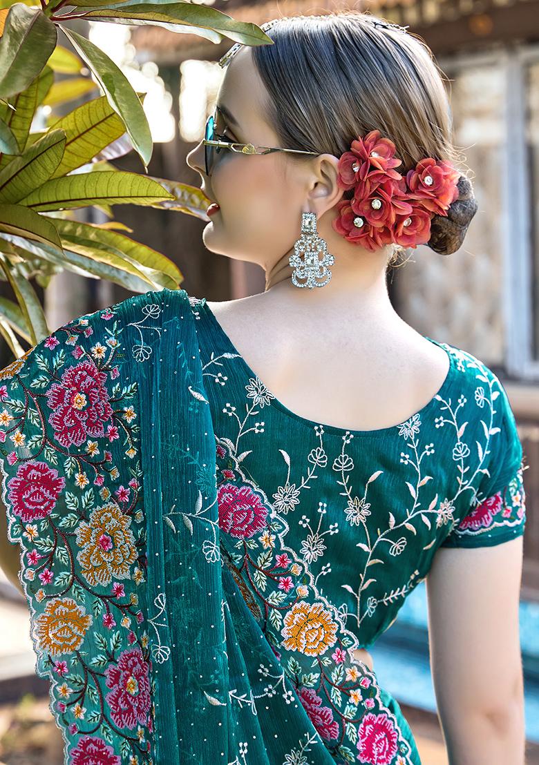 Morpeach Embroidered Silk Saree Set - Indya