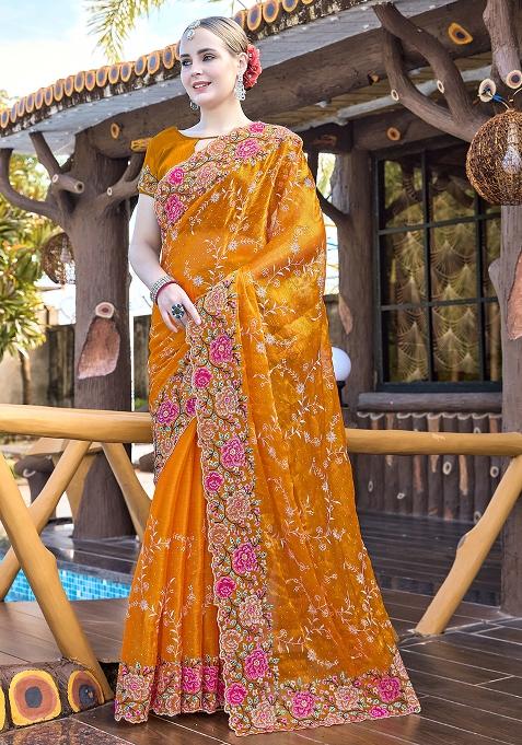 Mustrd Embroidered Silk Saree Set