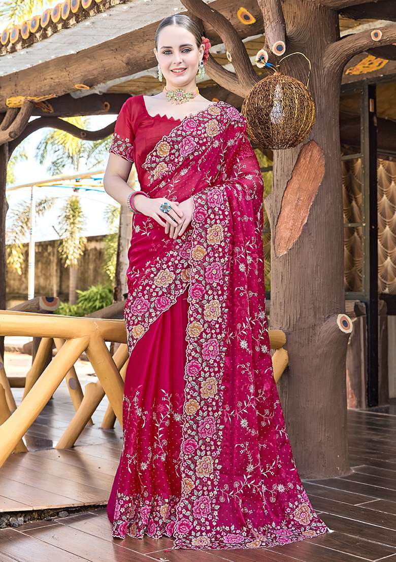 Cherry Embroidered Silk Blend Saree Set for Diwali and Festive Wear - Indya