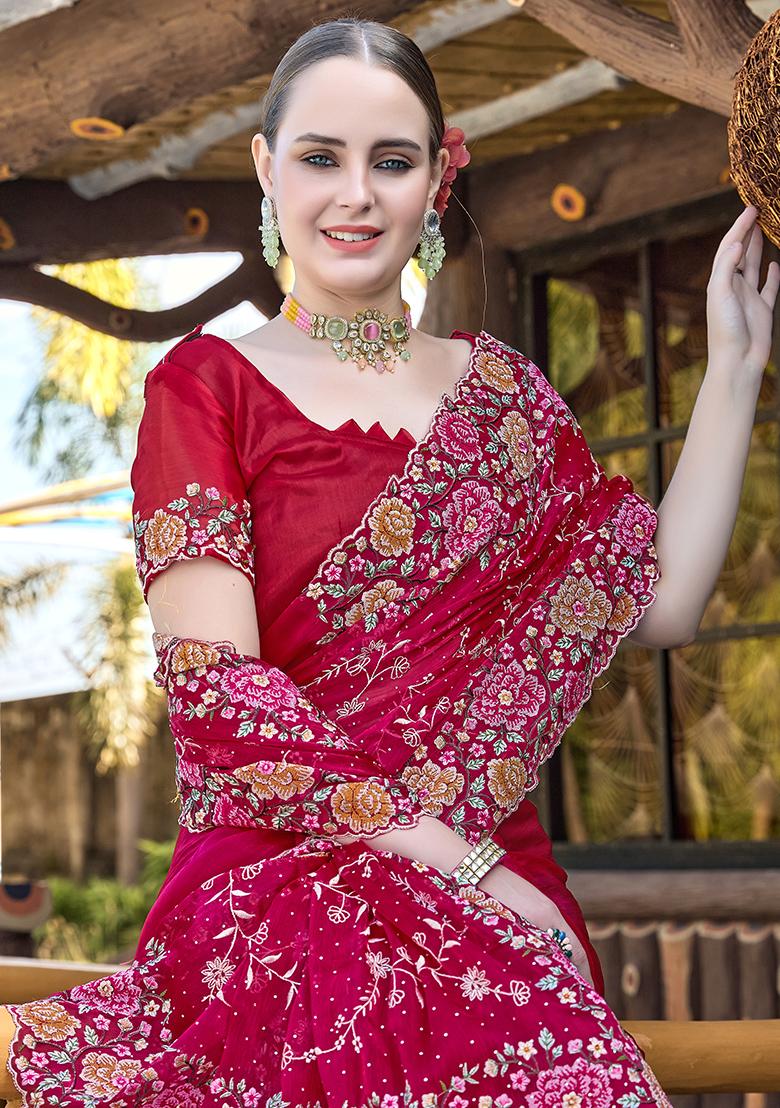 Cherry Embroidered Silk Saree Set - Indya