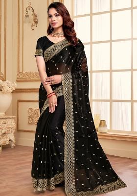 Black Embroidered Silk Saree Set