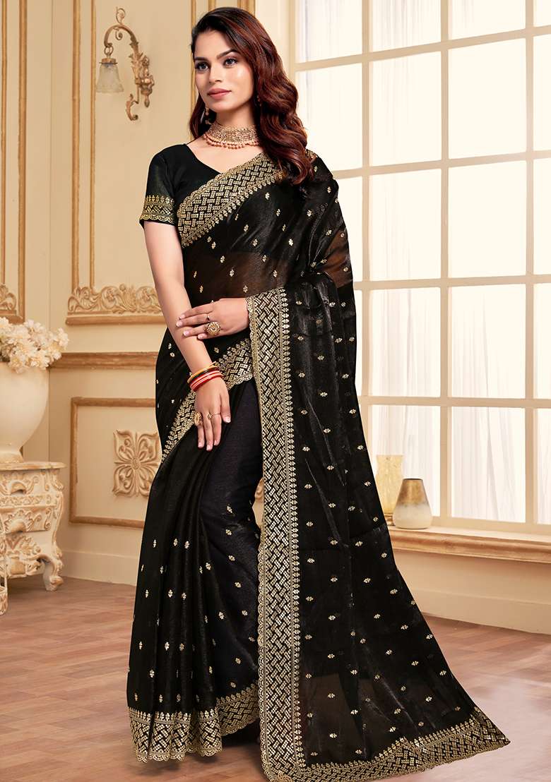 Black Embroidered Silk Blend Saree Set for Diwali and Festive Wear - Indya