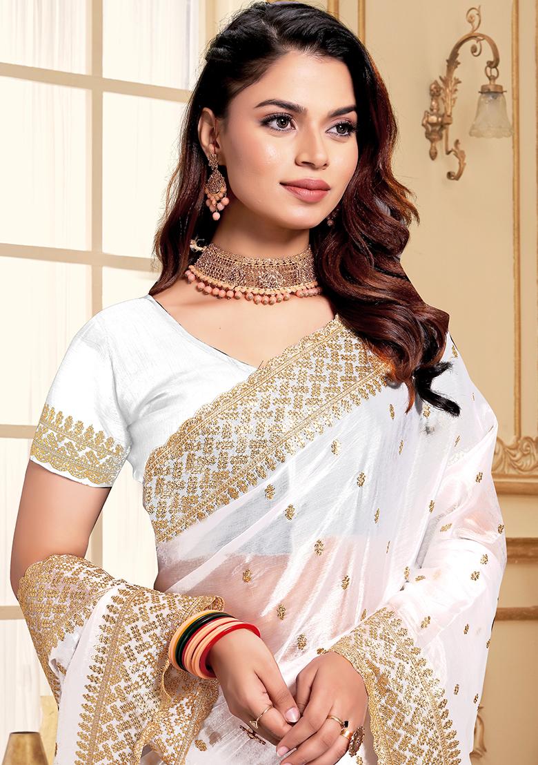 White Embroidered Silk Saree Set - Indya