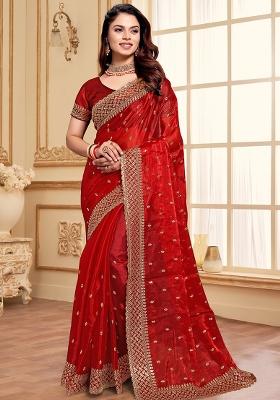 Red Embroidered Silk Saree Set