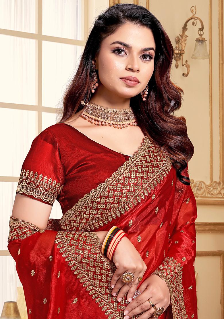 Red Embroidered Silk Saree Set - Indya