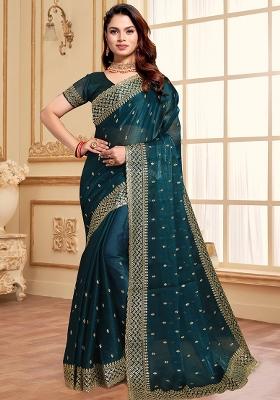 Morpeach Embroidered Silk Saree Set