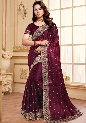 Wine Embroidered Silk Saree Set