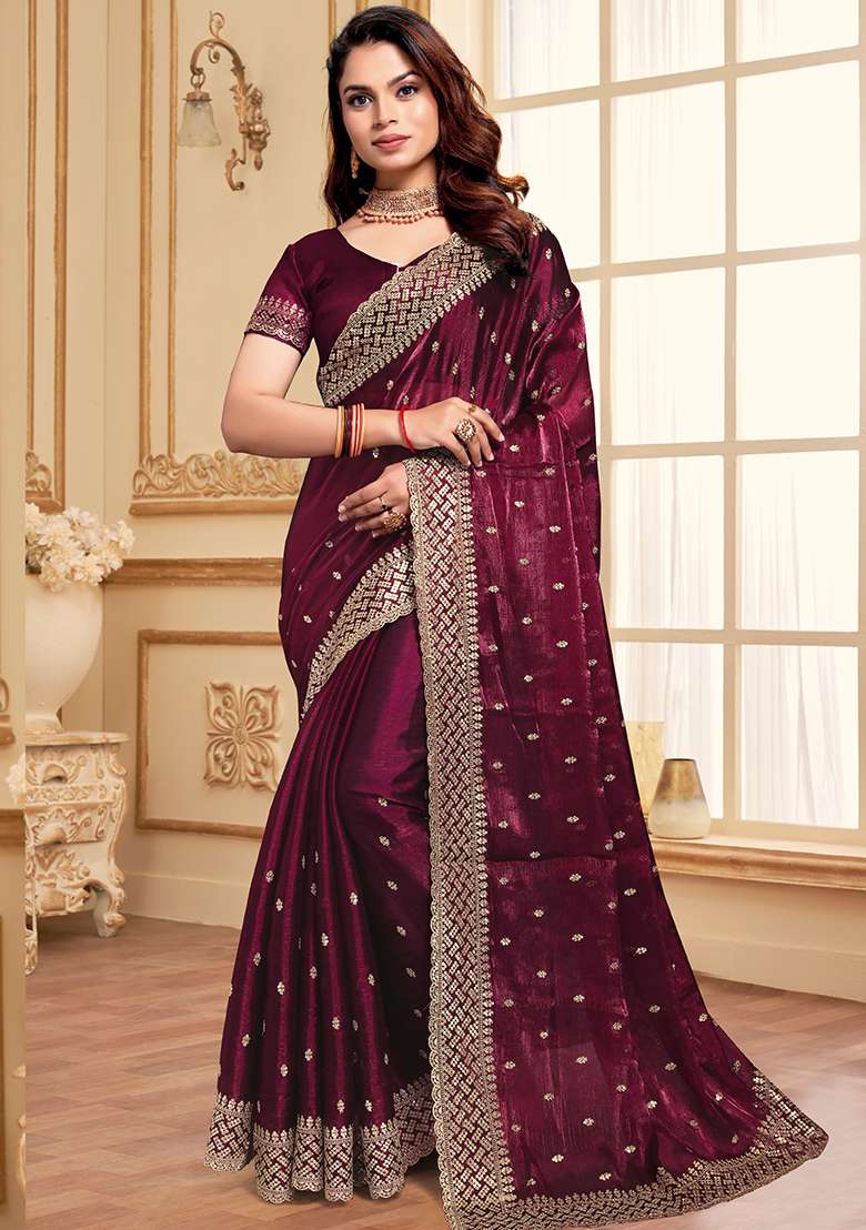 Wine Embroidered Silk Blend Saree Set for Diwali and Festive Wear - Indya