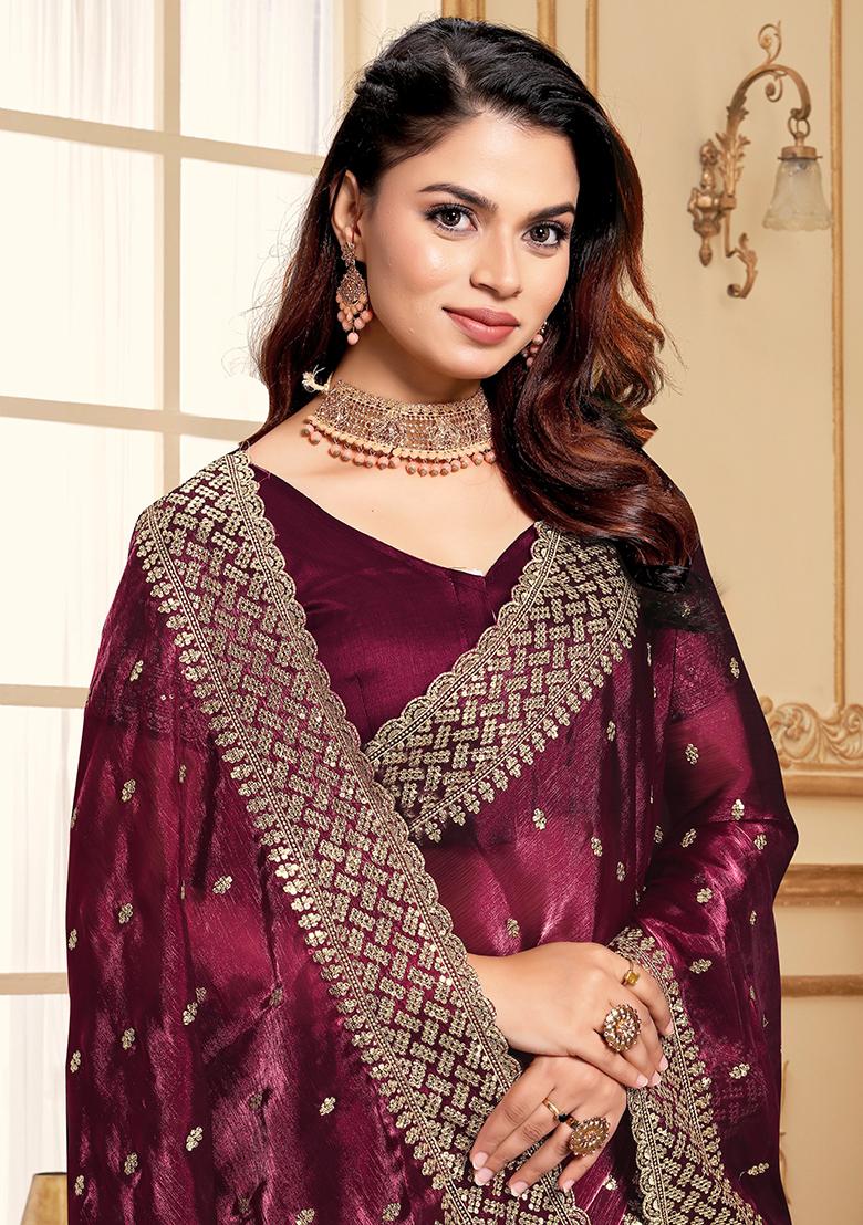Wine Embroidered Silk Saree Set - Indya