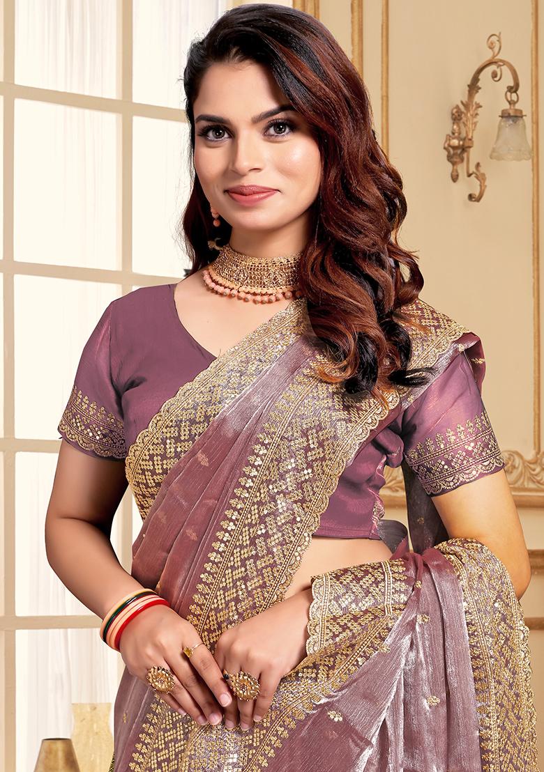 Purple Embroidered Silk Saree Set - Indya