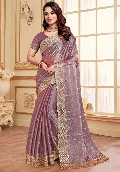 Purple Embroidered Silk Saree Set