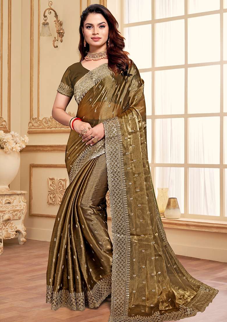Dusty Gold Embroidered Silk Blend Saree Set for Diwali and Festive Wear - Indya
