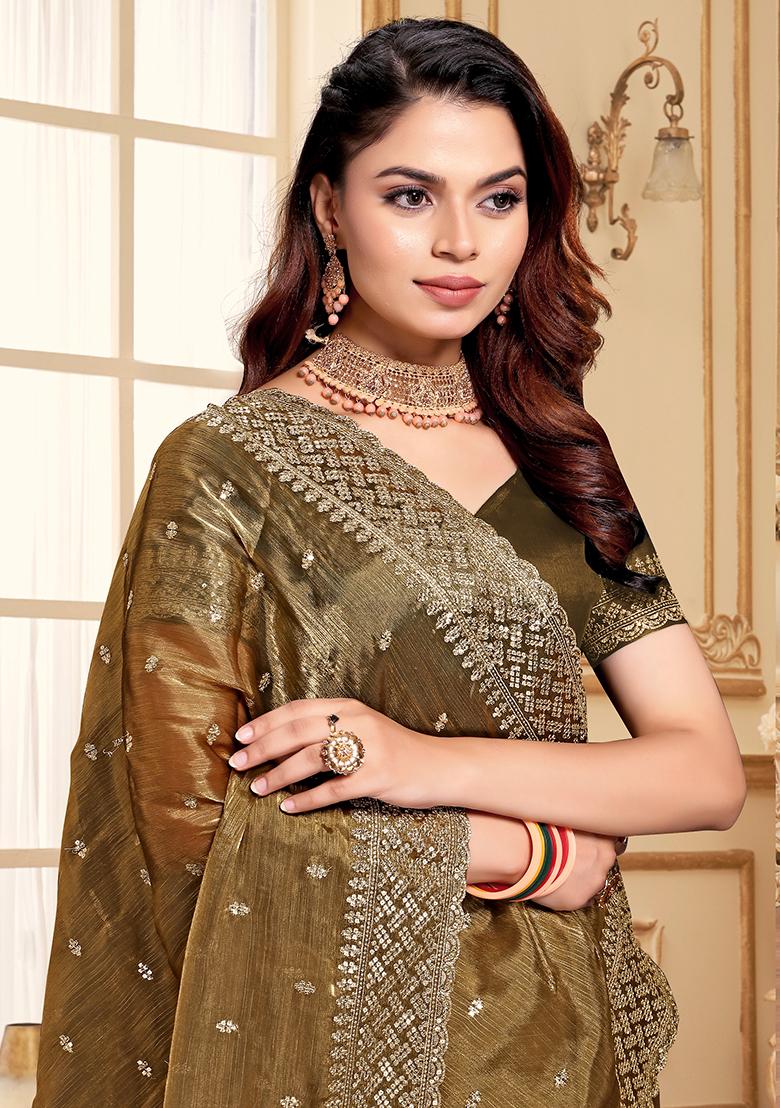 Dusty Gold Embroidered Silk Saree Set - Indya