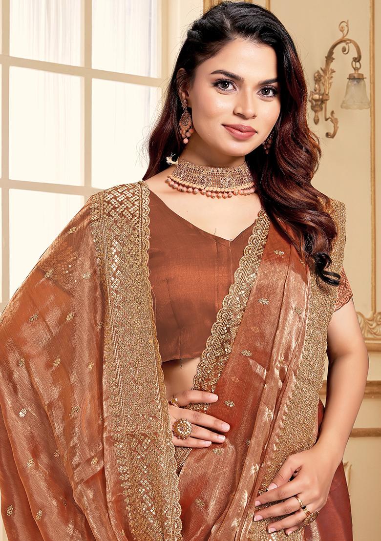 Dusty Peach Embroidered Silk Saree Set - Indya