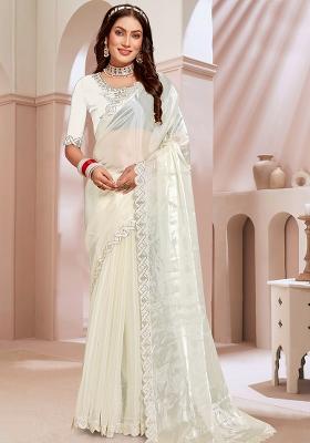 Cream Embroidered Silk Saree Set