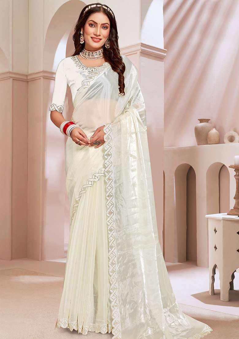 Cream Embroidered Silk Blend Saree Set for Diwali and Festive Wear - Indya