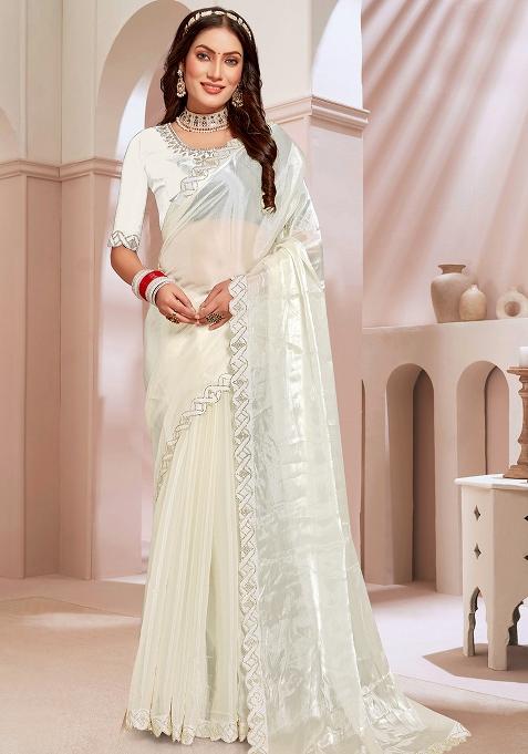 Cream Embroidered Silk Saree Set
