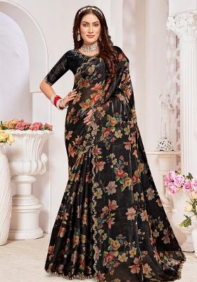 Black Embroidered Silk Saree Set