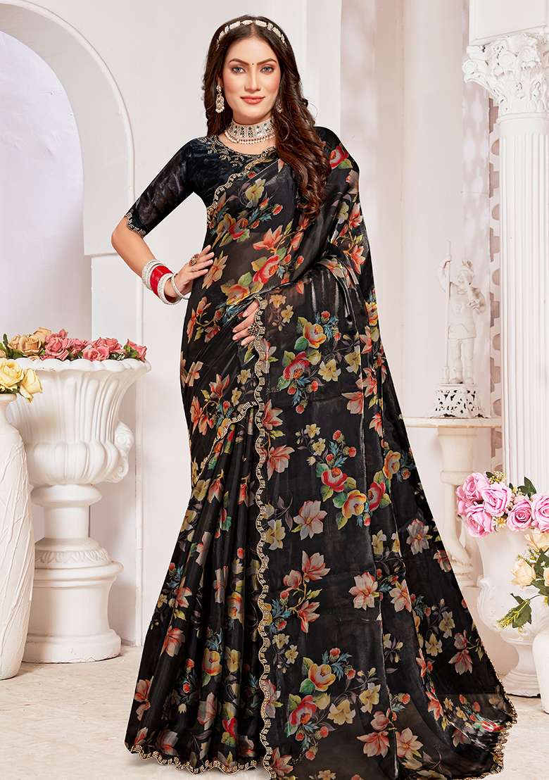 Black Embroidered Silk Blend Saree Set for Diwali and Festive Wear - Indya