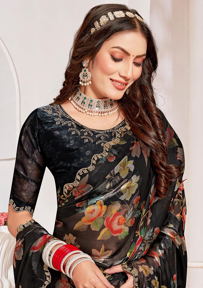 Black Embroidered Silk Saree Set - Indya