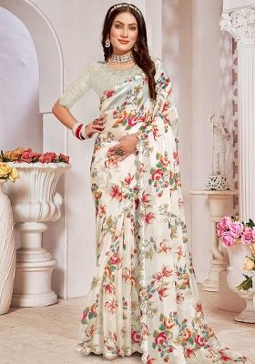 Cream Embroidered Silk Saree Set