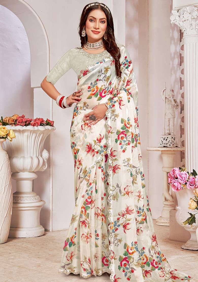 Cream Embroidered Silk Blend Saree Set for Diwali and Festive Wear - Indya
