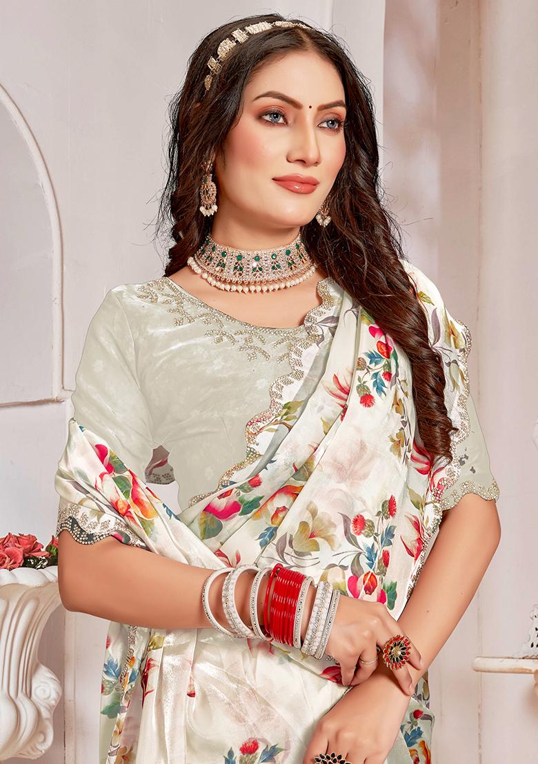 Cream Embroidered Silk Saree Set - Indya