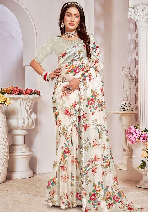 Cream Embroidered Silk Saree Set