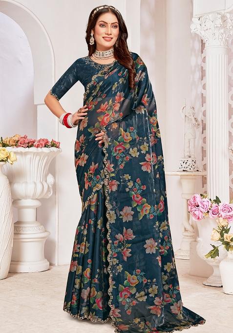 Morpeach Embroidered Silk Saree Set