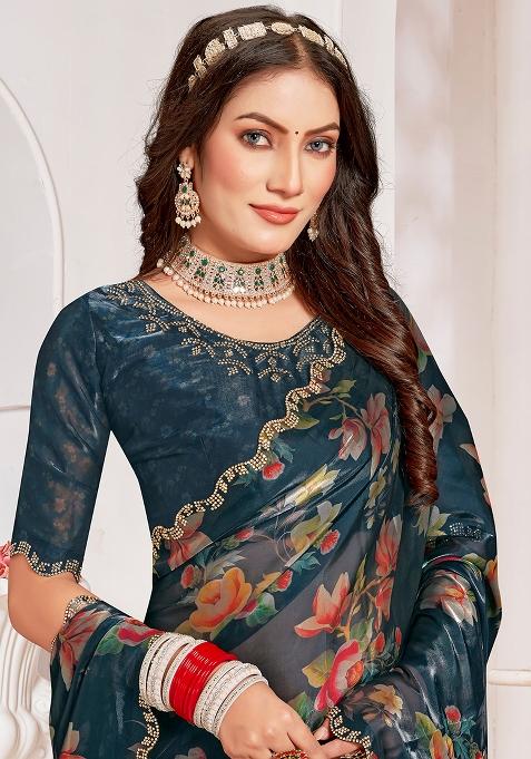 Morpeach Embroidered Silk Saree Set