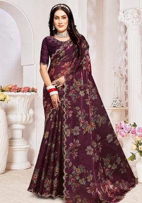 Wine Embroidered Silk Saree Set