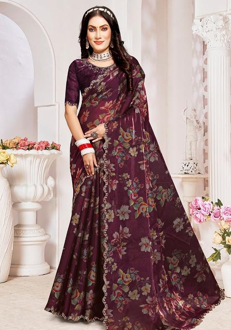 Wine Embroidered Silk Saree Set