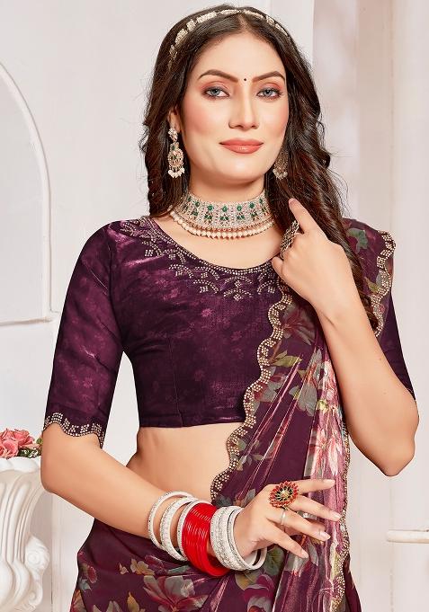 Wine Embroidered Silk Saree Set