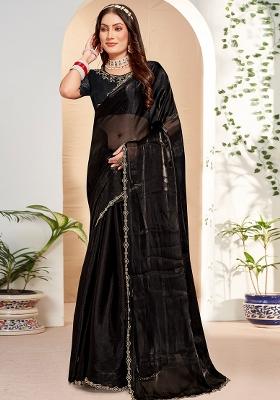 Black Embroidered Silk Saree Set