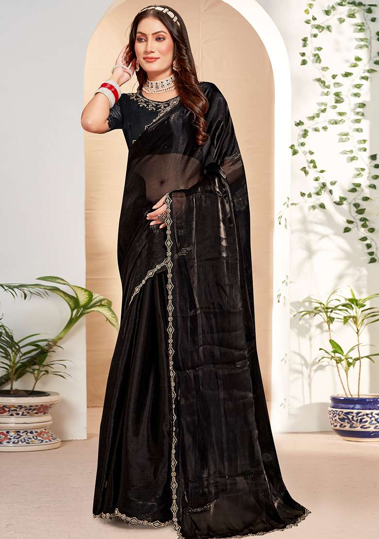 Black Silk Blend Saree Set with Embroidered for Diwali | Wedding & Festive Wear - Indya