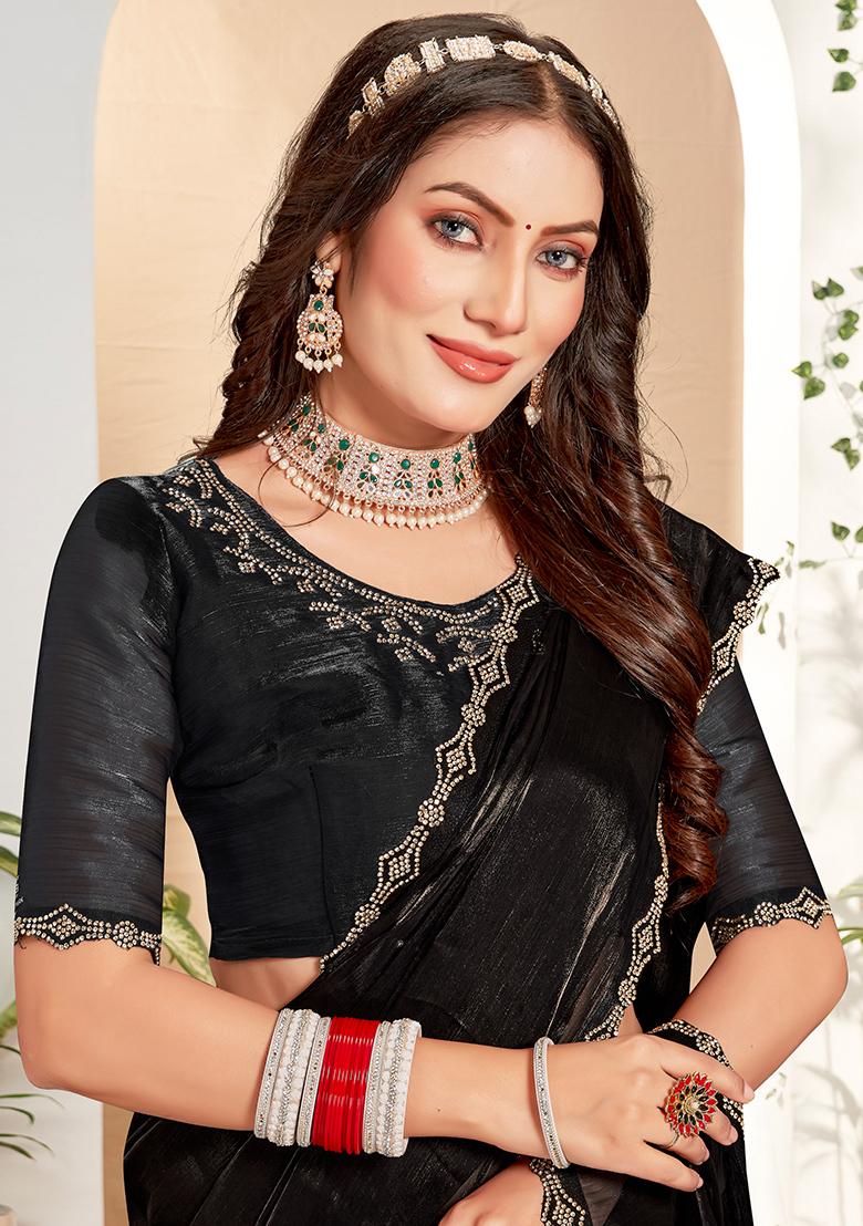 Black Embroidered Silk Saree Set - Indya