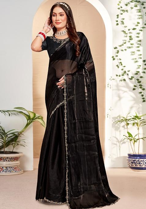 Black Embroidered Silk Saree Set