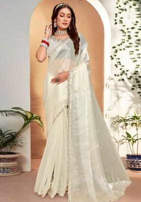 Cream Embroidered Silk Saree Set