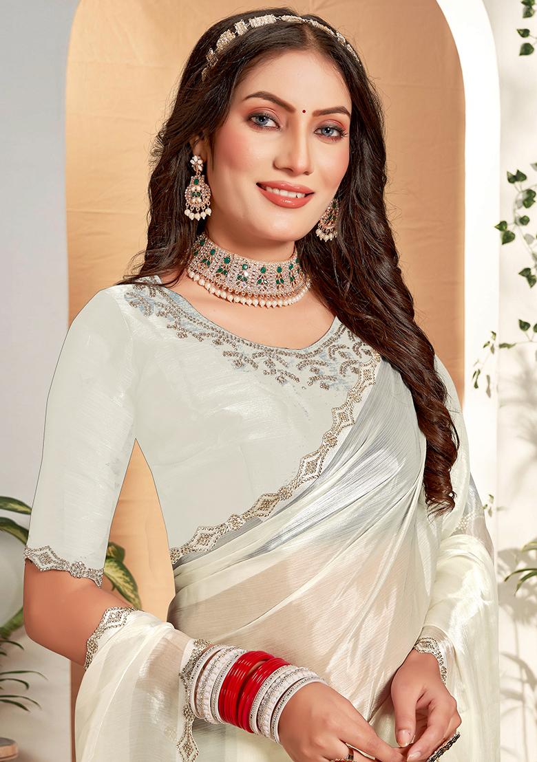 Cream Embroidered Silk Saree Set - Indya