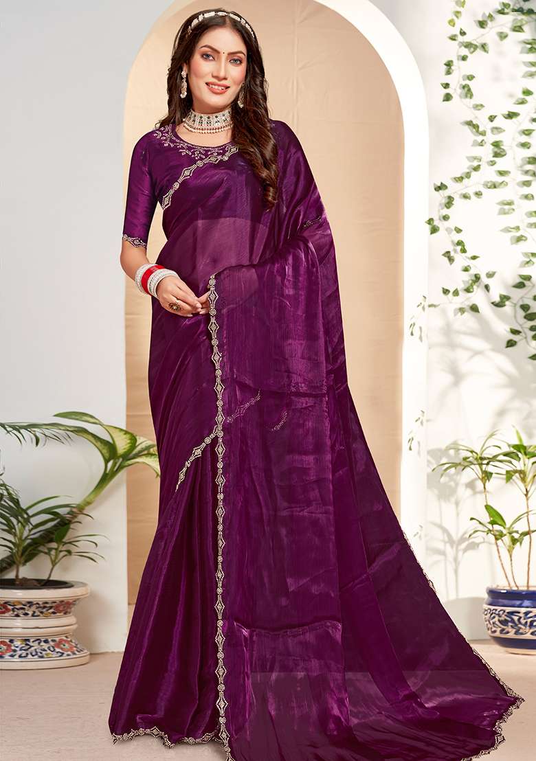 Wine Embroidered Silk Blend Saree Set for Diwali and Festive Wear - Indya