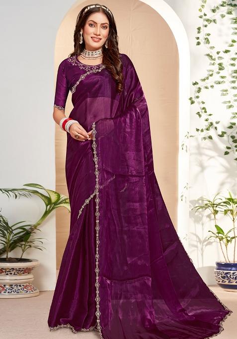 Wine Embroidered Silk Saree Set
