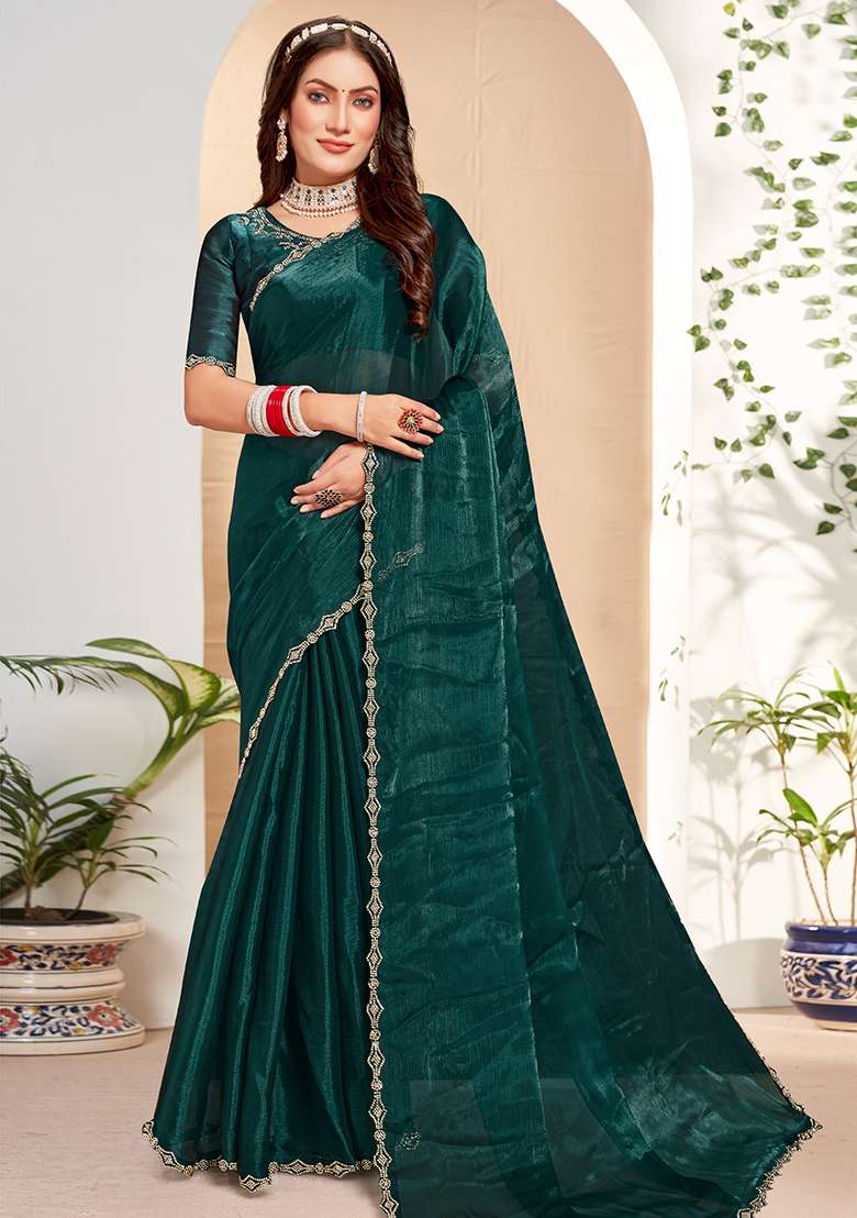 Rama Embroidered Silk Blend Saree Set for Diwali and Festive Wear - Indya